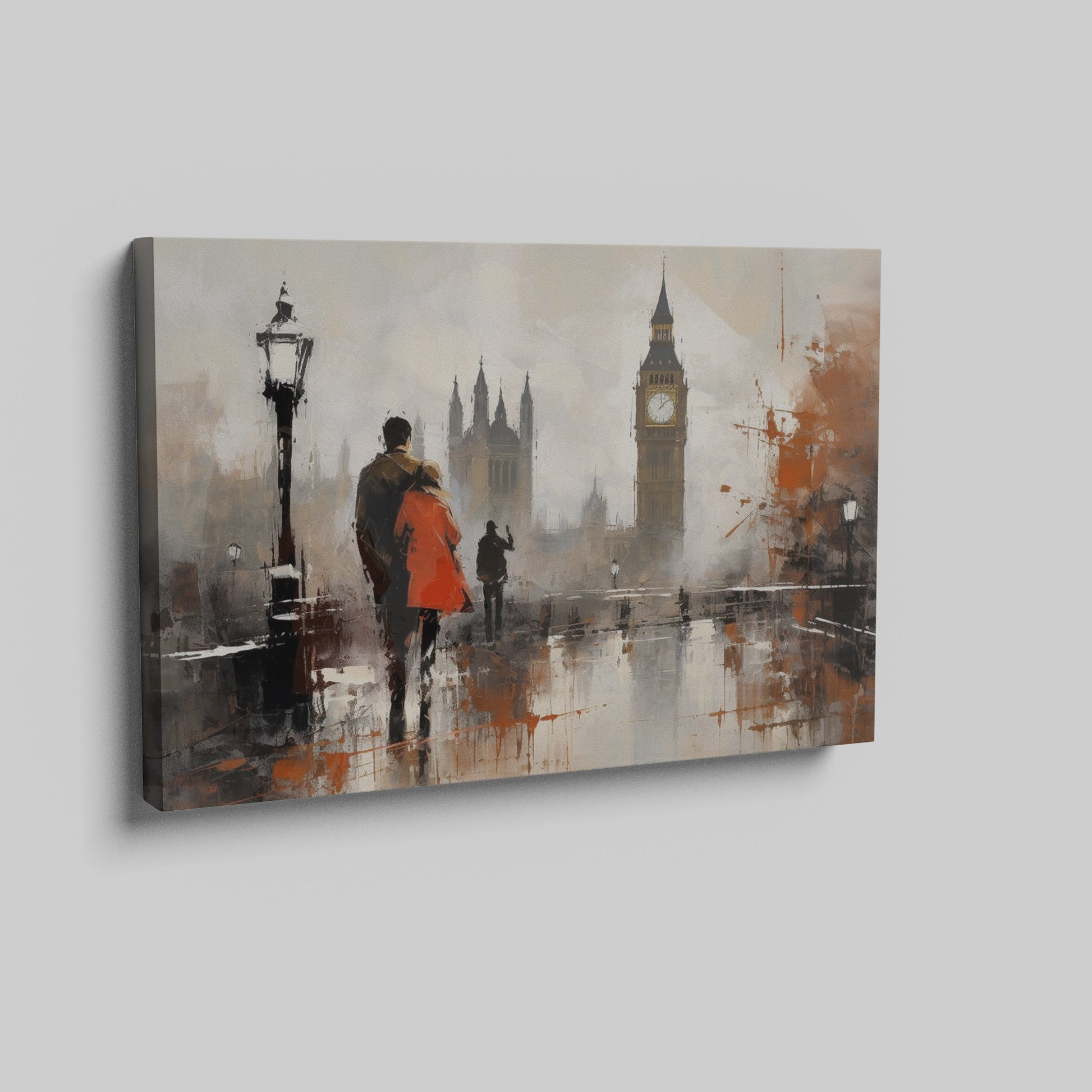 Framed canvas print of an abstract rainy London street scene with Big Ben in the background