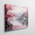 Framed canvas print of Oriental watercolour landscape with pink cherry blossoms, serene lake, and pagoda