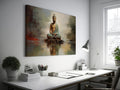 Framed canvas print of a meditative Buddha in warm tones with a reflective water effect