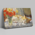 Framed canvas print of a ginger cat sleeping beside vibrant red tulips and yellow daffodils