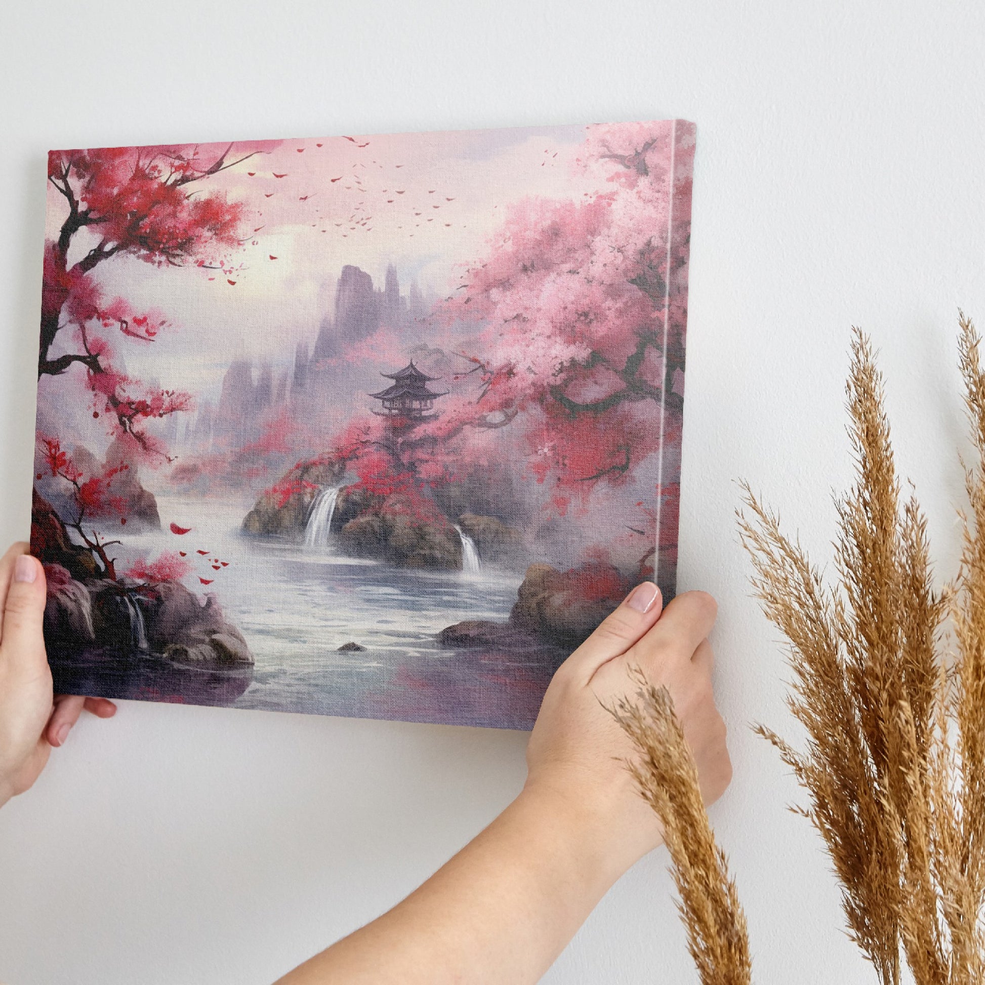 Framed canvas print of a serene oriental landscape with cherry blossoms and a pagoda