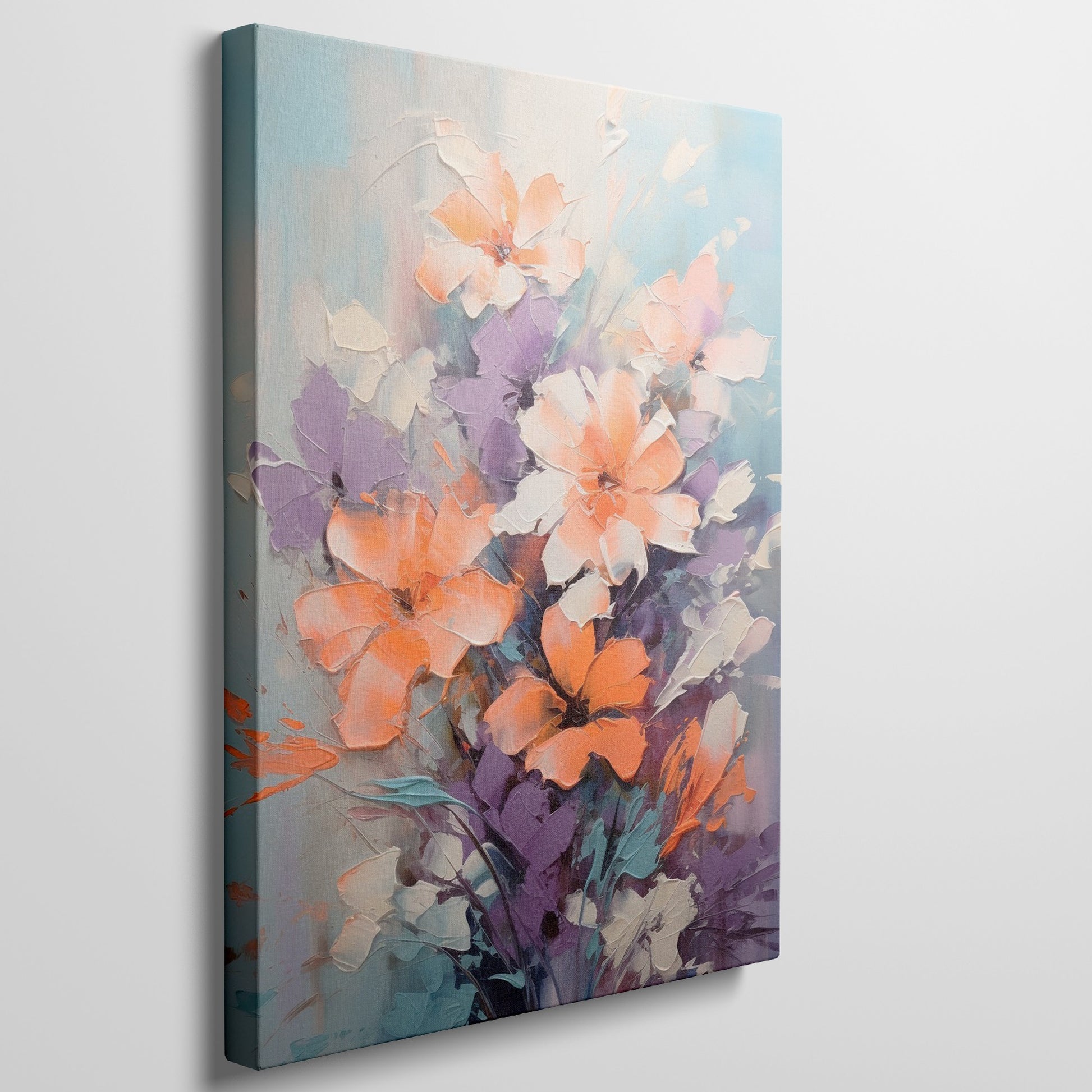 Framed canvas print of vibrant impasto style flowers with heavy texture in vivid orange and purple hues