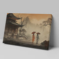 Framed canvas print of serene oriental pagoda scene with misty mountains and figures with umbrellas