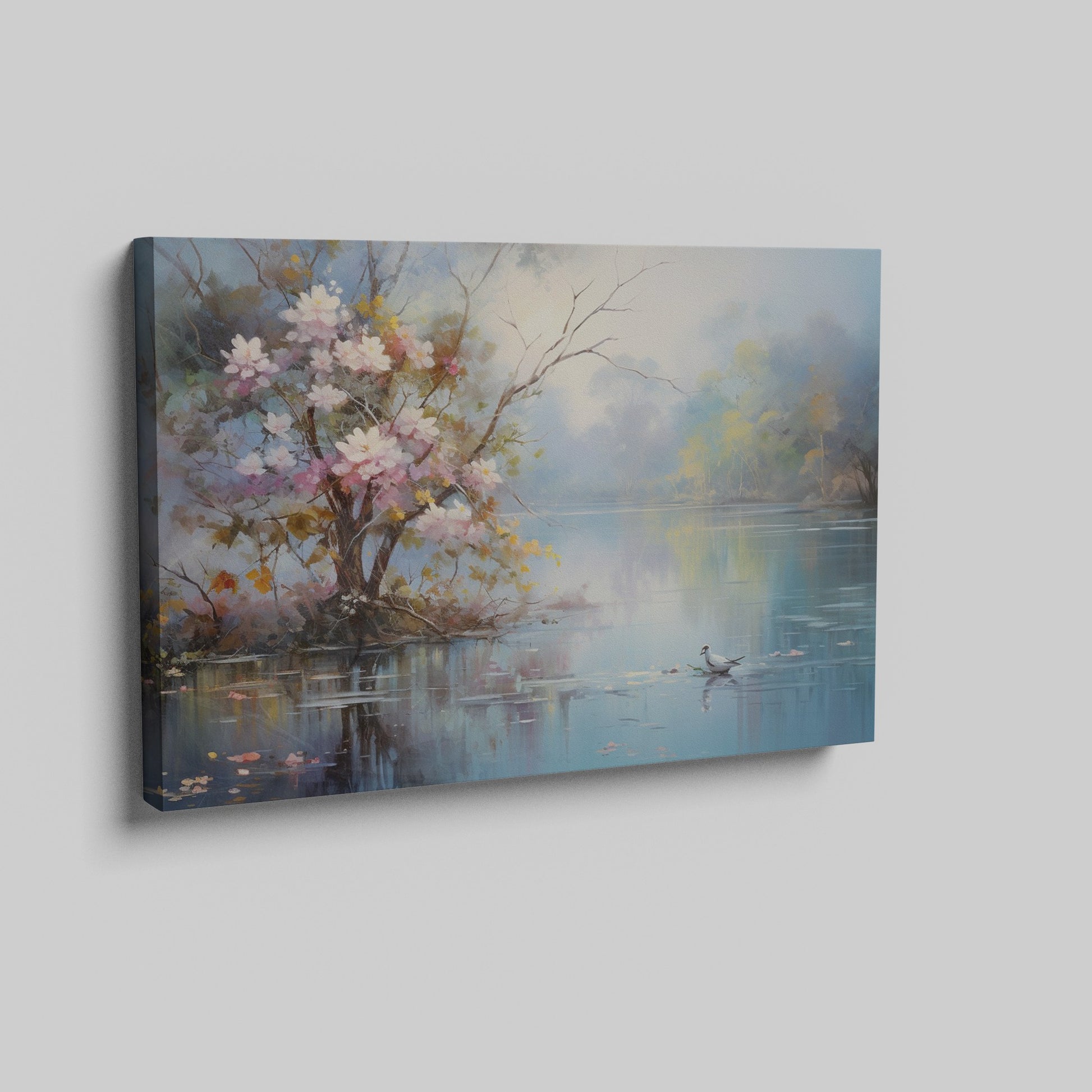 Framed canvas print of impressionist painting with blossoming trees by a serene lake