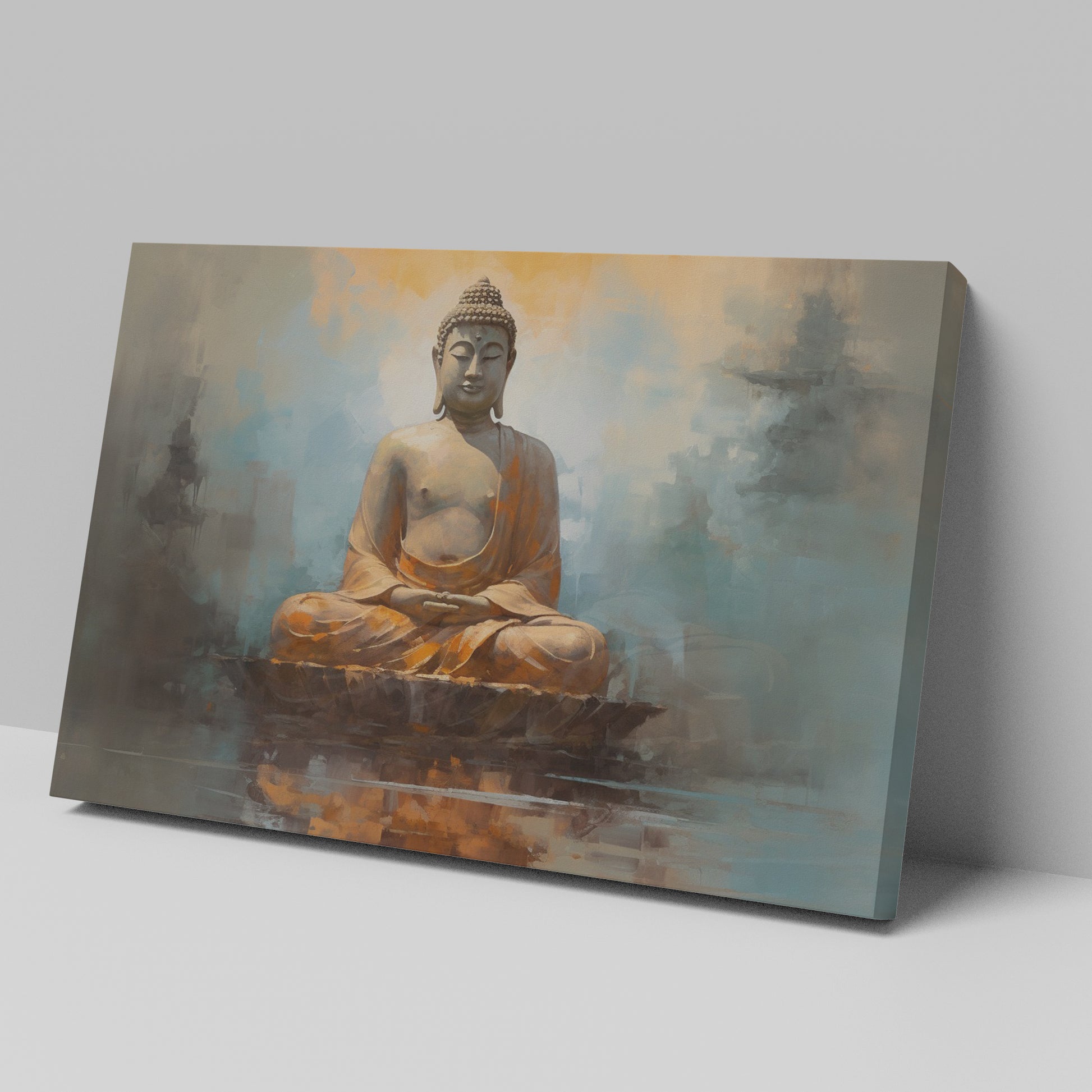 Framed canvas print of serene Buddha statue with abstract warm hues and reflective water