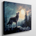 Framed canvas print of a wolf howling at sunset among forest trees