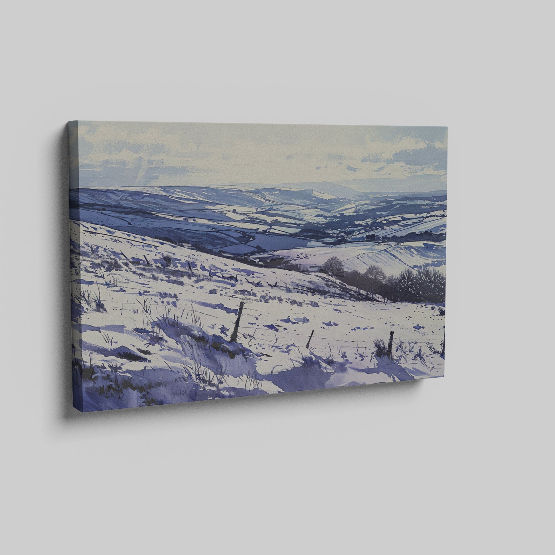 Framed canvas print of a snowy countryside landscape with rolling hills in cool blue tones