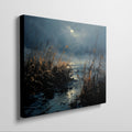 Framed canvas print of an impressionistic landscape with moonlit waters and reed-filled foreground