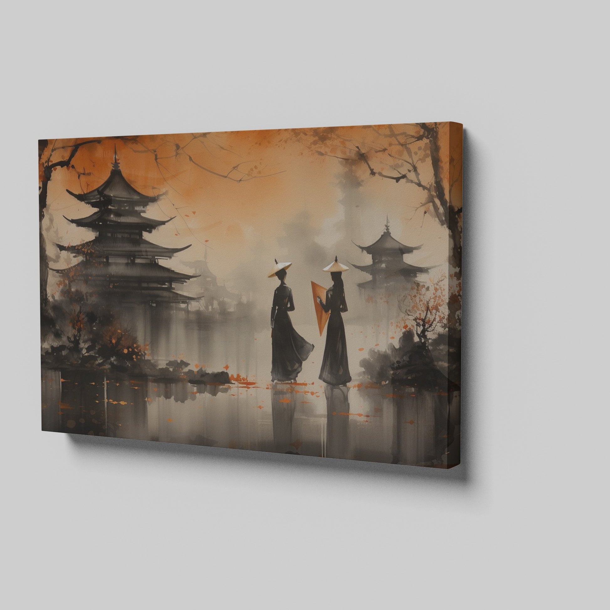 Framed canvas print of Oriental landscape with autumn pagodas and figures in traditional attire