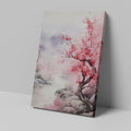 Framed canvas print of a misty cherry blossom landscape with pink florals and soft mountain backdrop