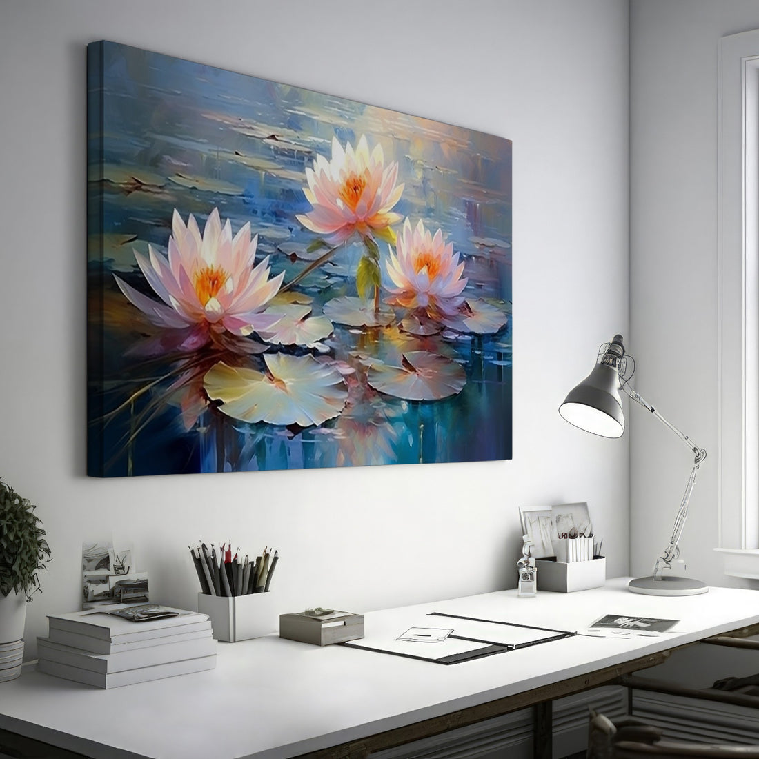 Framed canvas print of impressionist water lilies with vibrant reflections on water