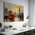 Framed canvas print of London with rain-swept Westminster, Big Ben, and a vintage red bus