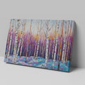 Framed canvas print of a vibrant geometric mosaic depicting an abstract birch forest with coloured leaves and sunset backdrop