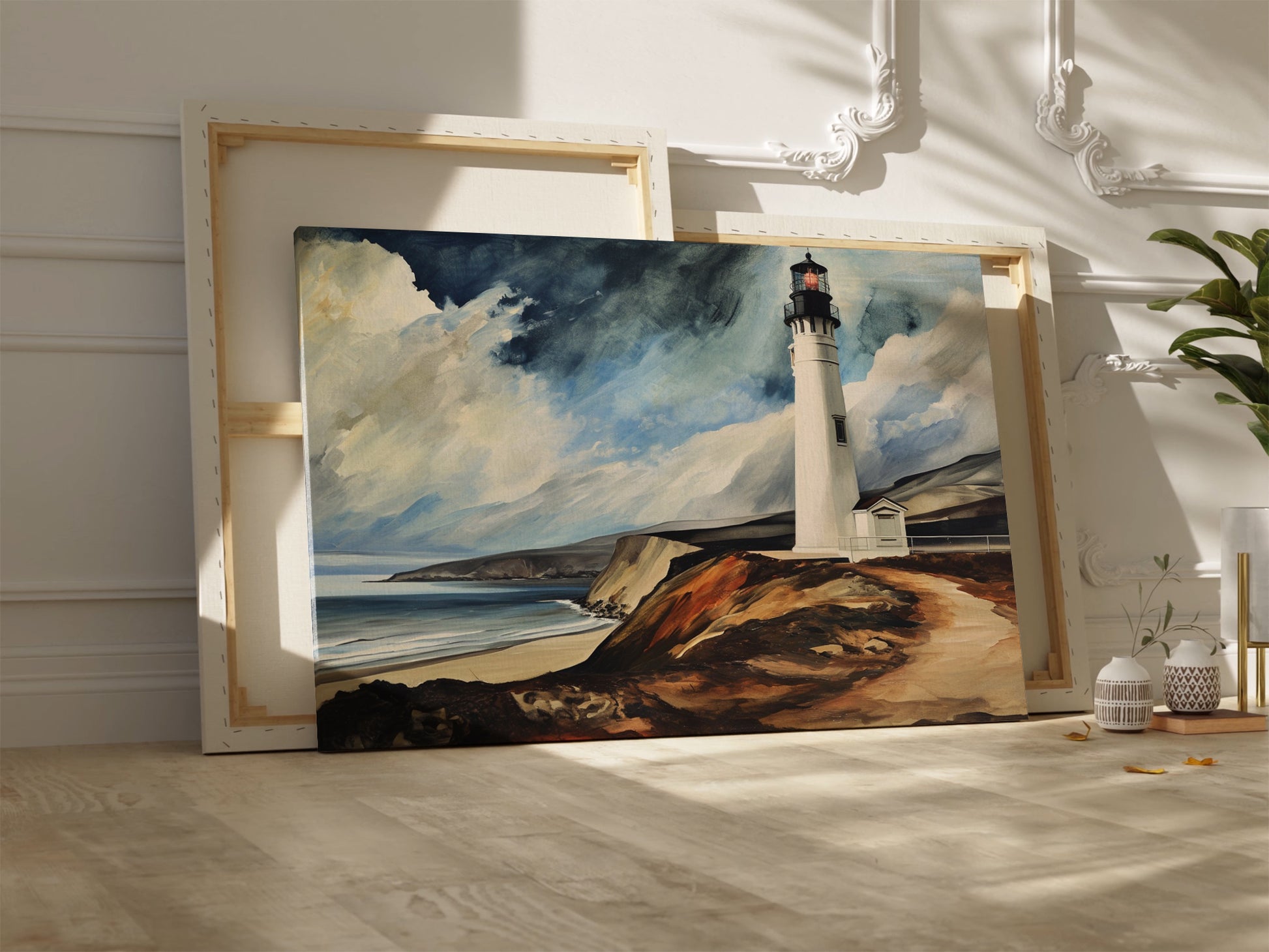 Framed canvas print of a lighthouse by the ocean with dramatic clouds and coastal cliffs