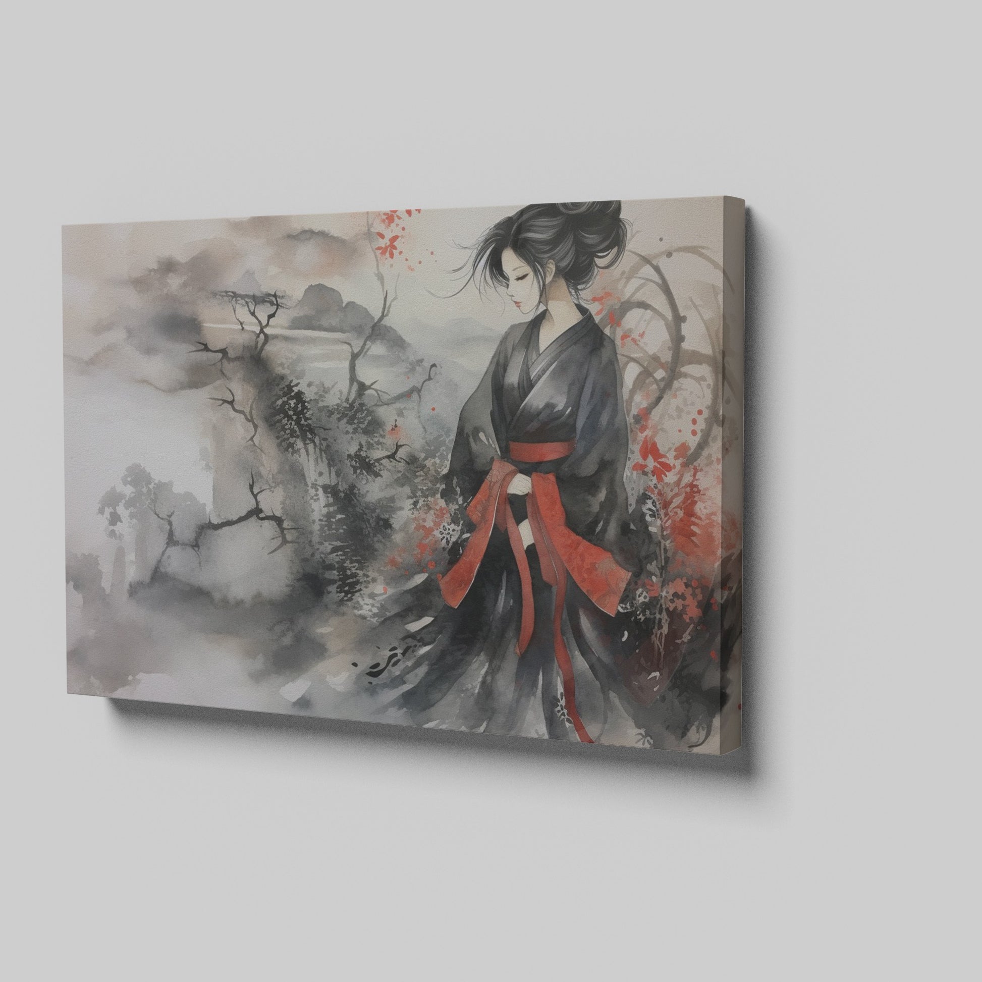 Framed canvas print of a geisha in a traditional black and red attire, set against an Asian-inspired misty mountainous landscape with ink wash and watercolour.