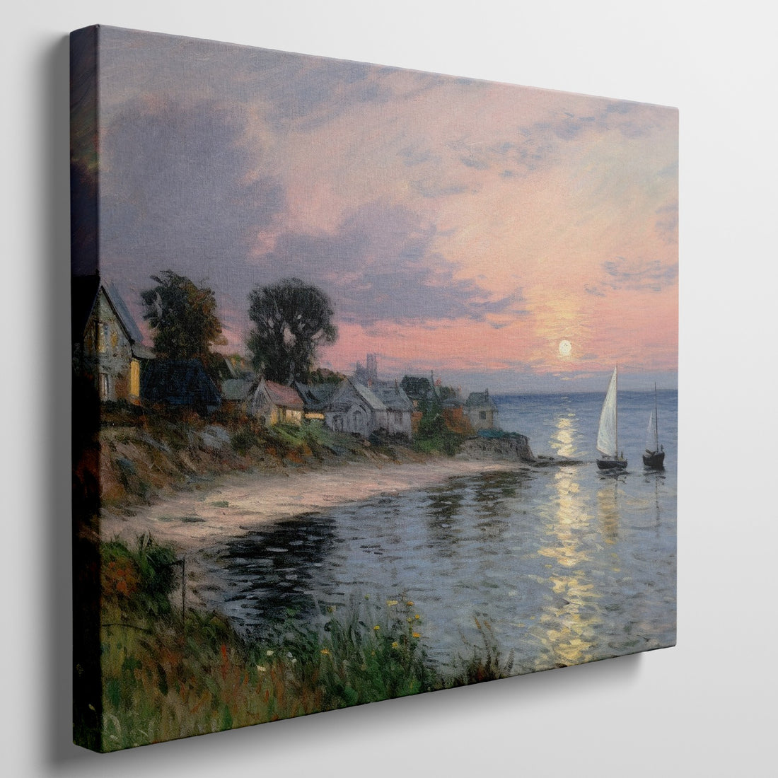 Framed canvas print of an impressionist painting of a seaside village at sunset with sailboats