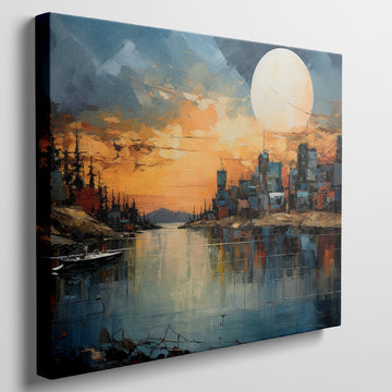 Framed canvas print of vibrant sunset with cityscape reflection over water and textured brush strokes