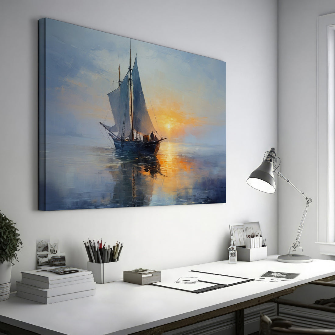 Framed canvas print of an impressionist painting depicting a sailing ship at sunset with warm hues and a serene seascape
