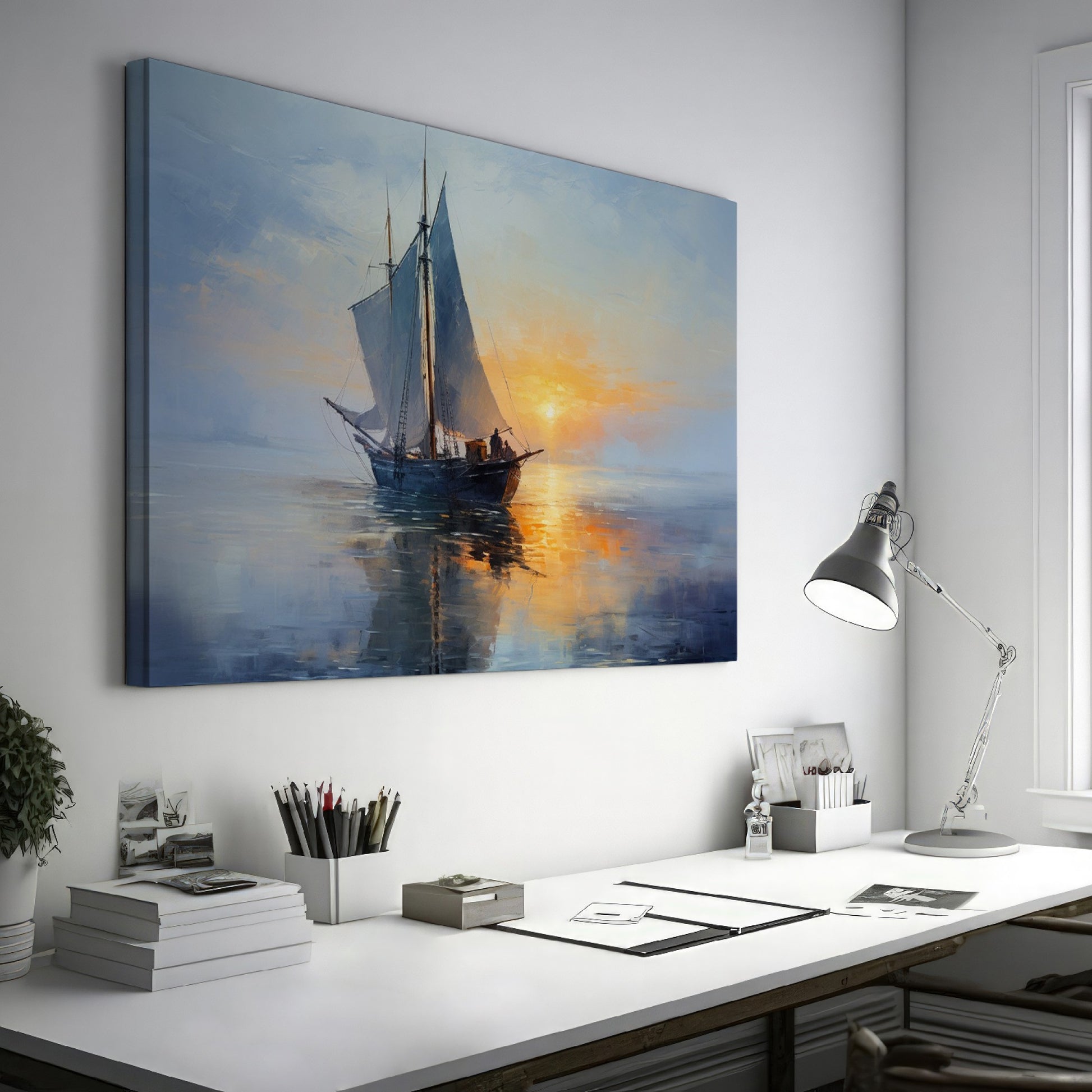 Framed canvas print of an impressionist painting depicting a sailing ship at sunset with warm hues and a serene seascape