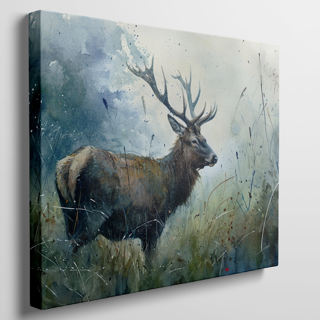 Framed canvas print of a majestic stag in a dreamy watercolour style with blue and brown tones