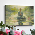 Framed canvas print of a meditative woman in a tranquil lotus pond with soft light and pastel colours