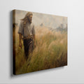 Framed canvas print of a man walking through a golden wheat field during sunset with a rustic feel