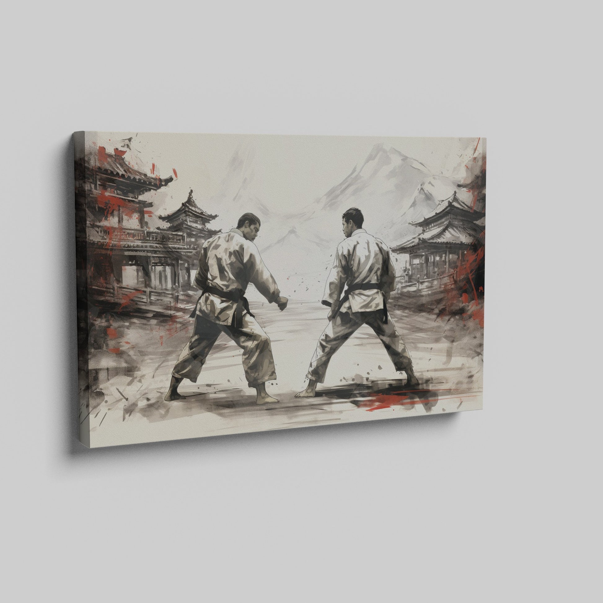 Framed canvas print depicting two karate practitioners in a traditional dojo with red accents