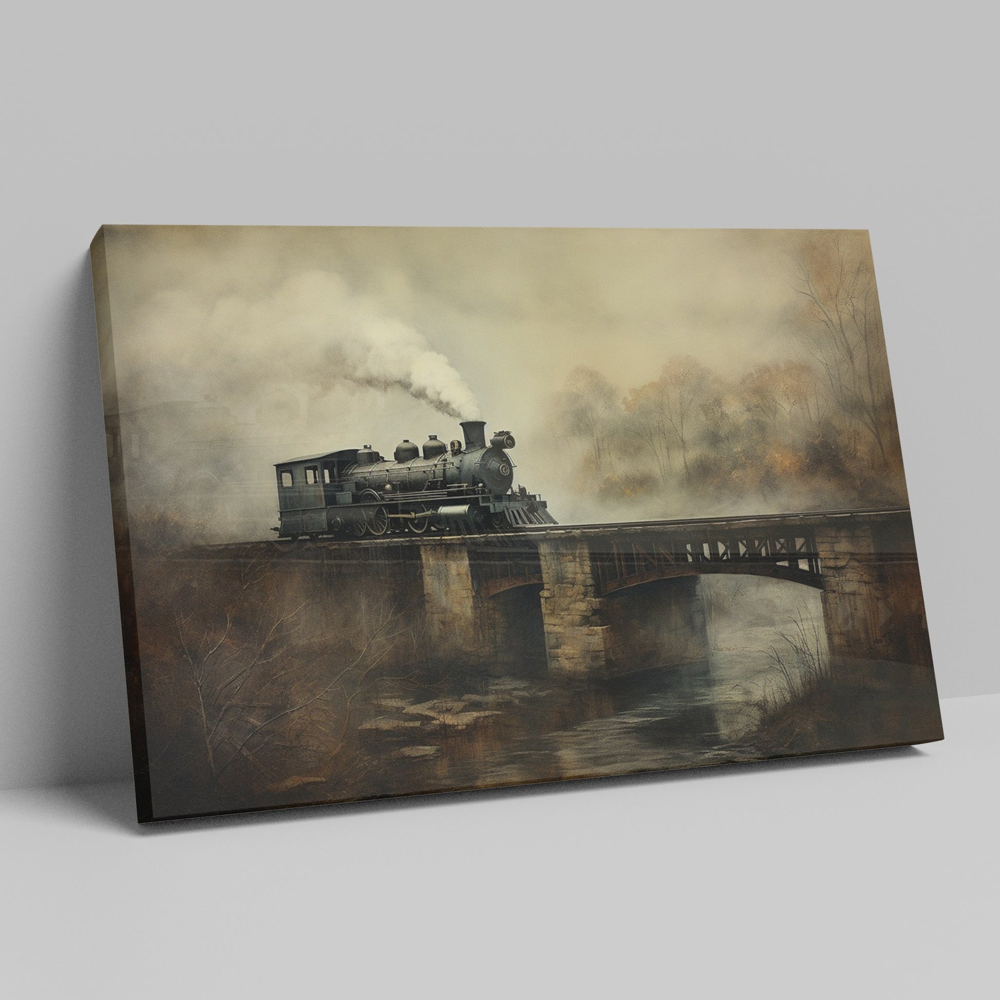 Framed canvas print of a vintage steam locomotive crossing a bridge amidst fog and autumnal trees