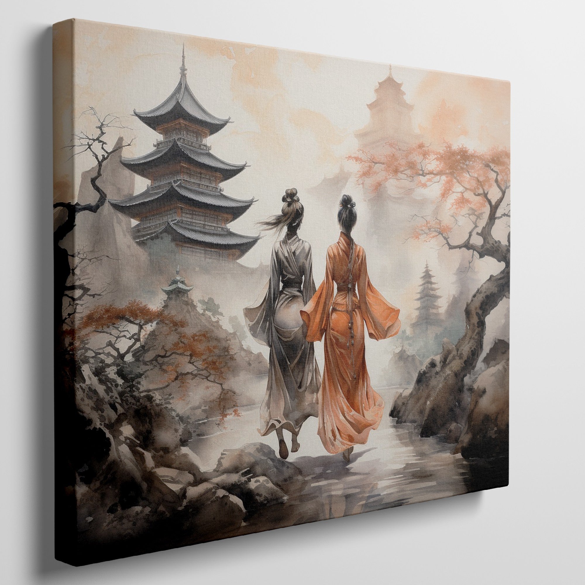 Framed canvas print of traditional Chinese pagoda landscape with figures in kimonos and cherry blossoms