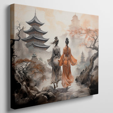 Framed canvas print of traditional Chinese pagoda landscape with figures in kimonos and cherry blossoms