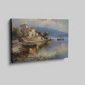 Framed canvas print of a Mediterranean coastal village with boats and serene sea reflections