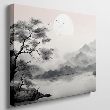 Framed canvas print of a monochrome Oriental ink wash landscape with misty mountains and a tree silhouette