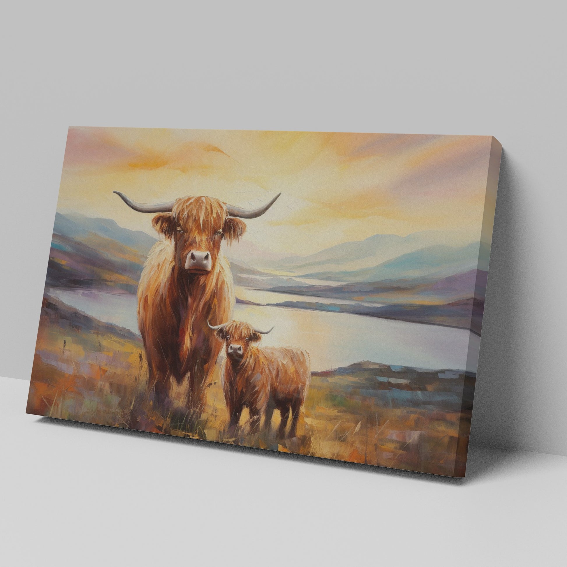 Framed canvas print of Highland cattle in a scenic landscape at sunset with warm hues