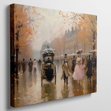 Framed canvas print of a Victorian-era Parisian boulevard in autumn with elegantly dressed figures and a horse-drawn carriage