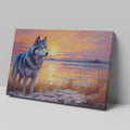 Framed canvas print of a Husky in silhouette against a colourful sunset with reflection on water