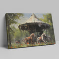 Framed canvas print of impressionist painting with rustic carousel, horses amidst poppies in countryside.