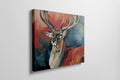 Framed canvas print of a vibrant, expressive deer with bold red and blue colours