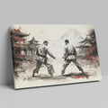 Framed canvas print depicting two karate practitioners in a traditional dojo with red accents