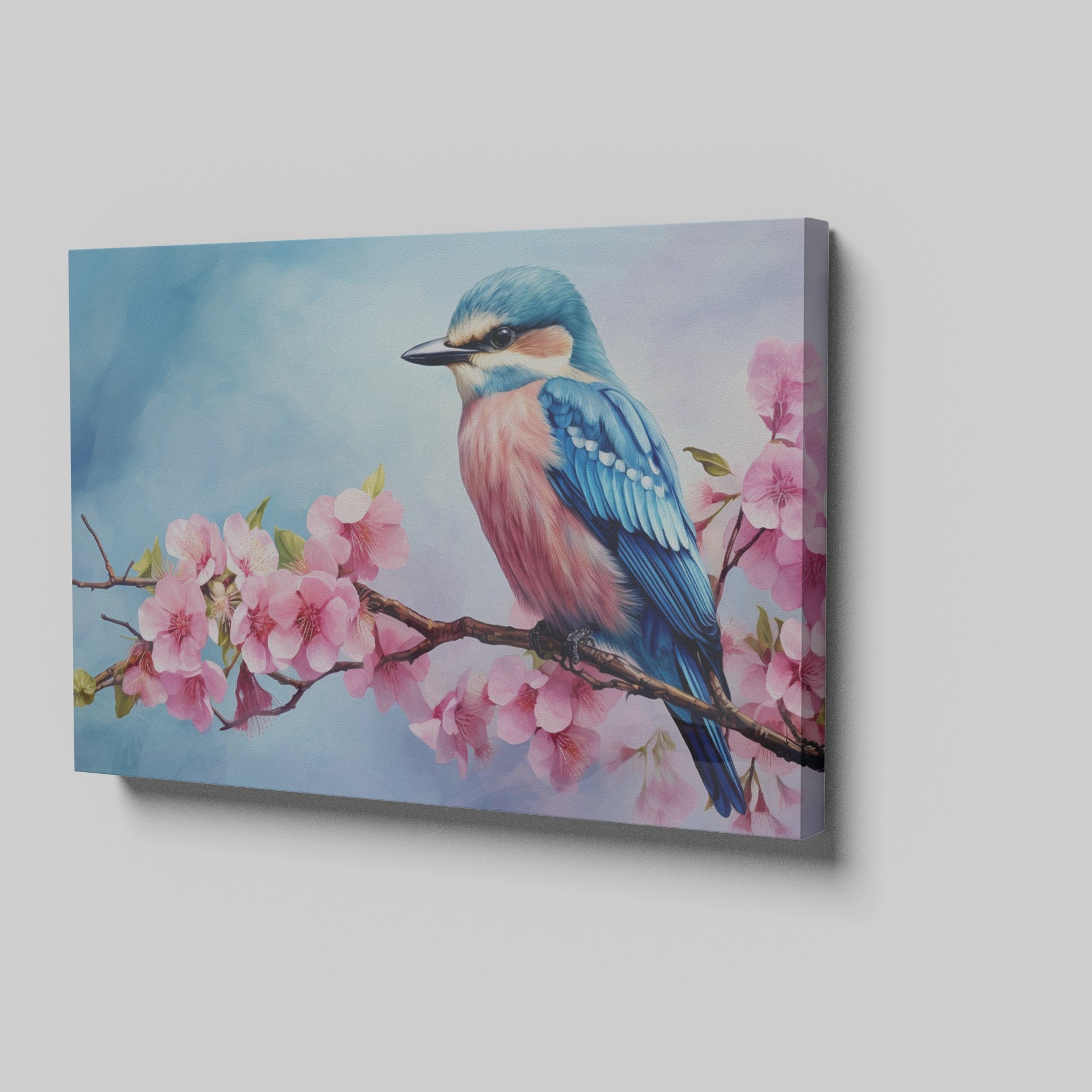 Framed canvas print of a colourful bird on a blossoming cherry branch