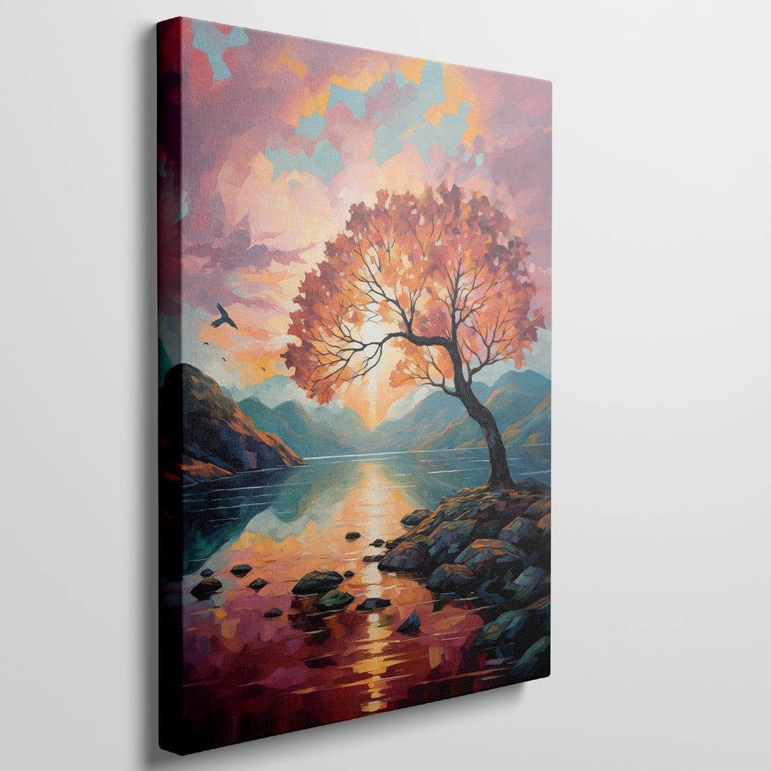 Framed canvas print of an autumnal sunset over a lake with a vibrant tree