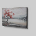 Framed canvas print of a serene landscape painting showcasing a vibrant red tree against a monochrome backdrop with flying birds