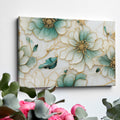 Framed canvas print of abstract turquoise and ivory flowers with gold trim