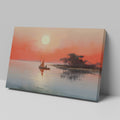 Framed canvas print of a sailboat on calm waters with sunrise and warm hues