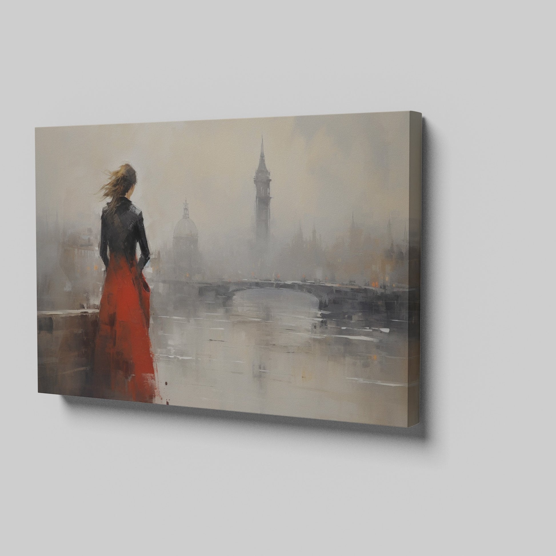 Framed canvas print of an elegant woman overlooking a misty cityscape with a red dress as a focal point