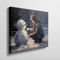 Framed canvas print of a child building a snowman on a snowy city evening