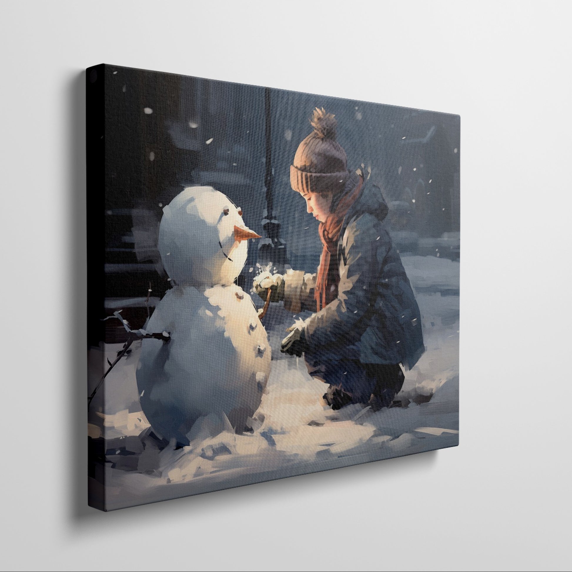 Framed canvas print of a child building a snowman on a snowy city evening