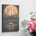 Stylized artwork of a tree against a large orange moon with a candle reflected on water