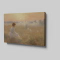 Framed canvas print of a woman in a white dress gazing at a misty sunrise over a golden field