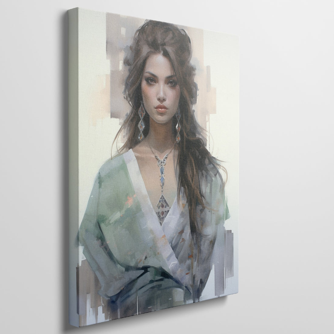 Contemporary framed portrait painting of a woman with flowing hair and ethereal expression.