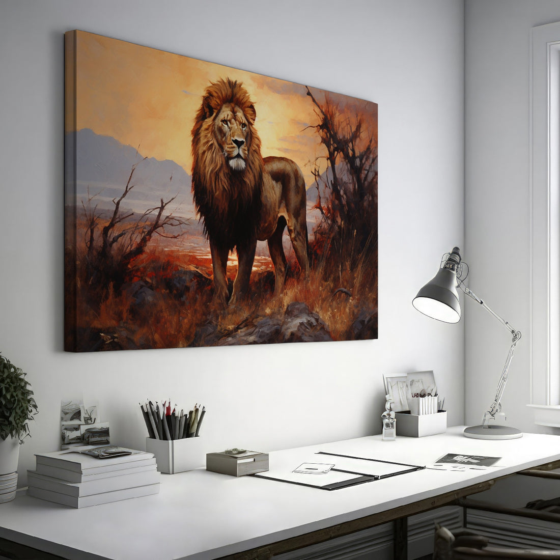 Framed canvas print of a majestic lion in an African savannah sunset